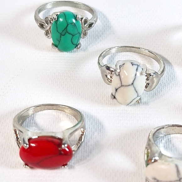 Lot of 6 Silver Tone Polished Natural Stone Rings - Picture 4 of 8